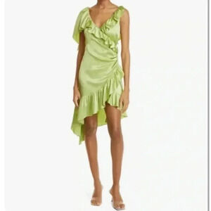 NEW $545 CINQ A SEPT Prickly Pear Green Petunya Ruffle Silk Wrap Dress Sz 4